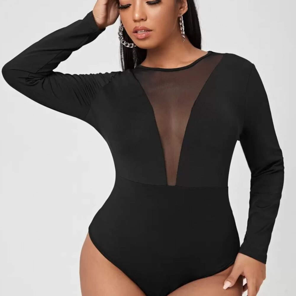 Contrast Mesh Skinny Solid Bodysuit